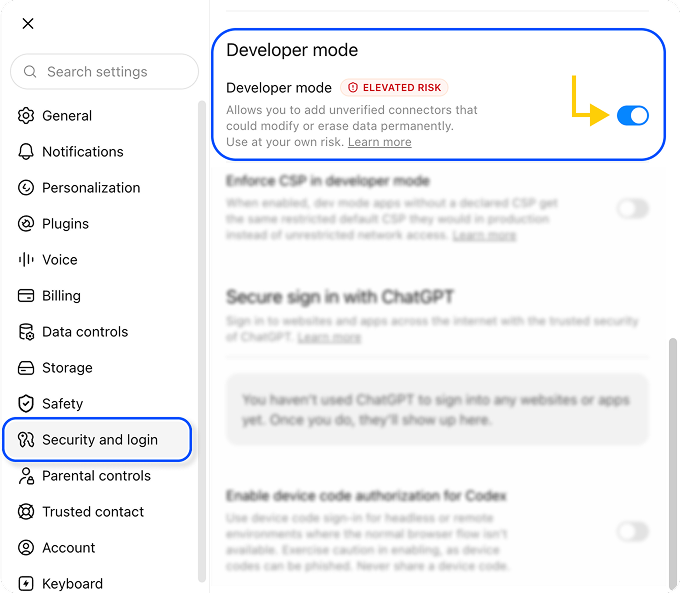 מסך ההגדרות של ChatGPT עם Security and login ומתג Developer mode מופעל