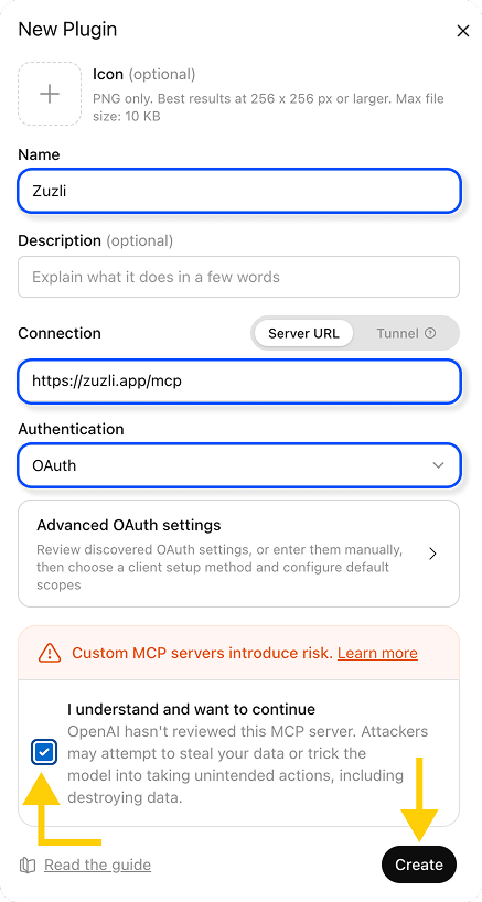 טופס New Plugin ב-ChatGPT עם שם, כתובת MCP, OAuth ואישור הסיכונים