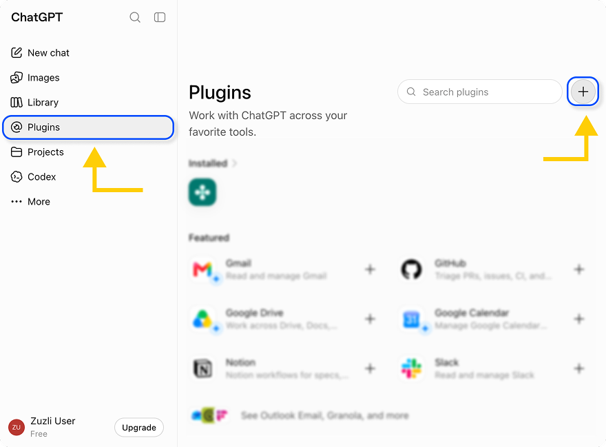 מסך Plugins ב-ChatGPT עם הלשונית וכפתור ה־+ מסומנים