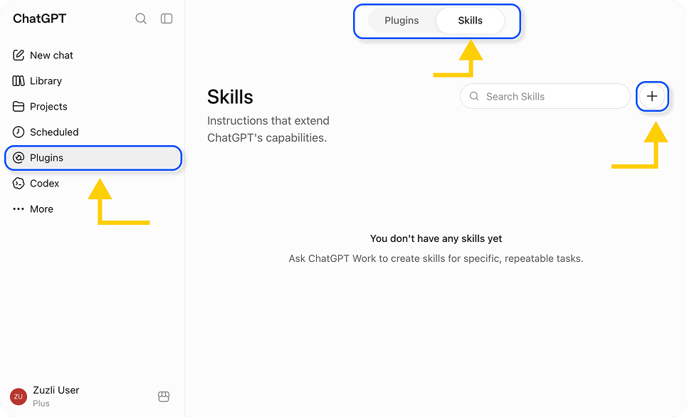 מסך Plugins ב-ChatGPT עם לשונית Skills וכפתור ההוספה מסומנים