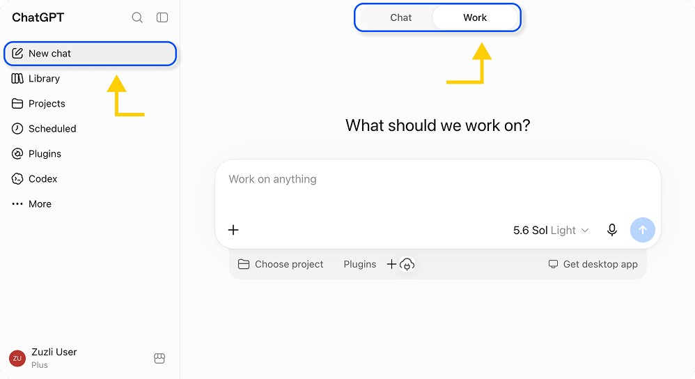 מסך ChatGPT עם New chat ולשונית Work מסומנים