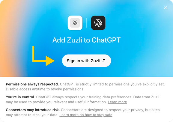 חלון Add Zuzli to ChatGPT עם כפתור Sign in with Zuzli מסומן